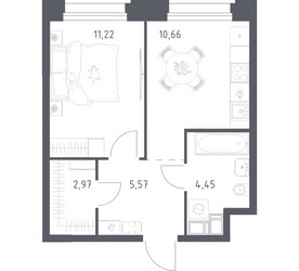Планировка однокомнатной(апартаменты) площадью 34.87 квадратных метров в ЖК “ЖК Апарт-отель Тропарево парк”
