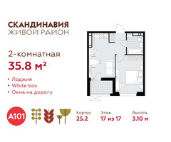 Планировка двухкомнатной(квартира) площадью 35.8 квадратных метров в “ЖК Скандинавия”