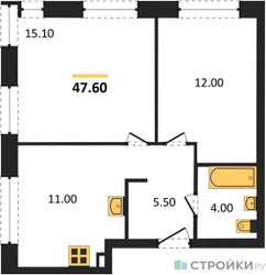 Планировка двухкомнатной(квартира) площадью 47.6 квадратных метров в ЖК “ЖК Skolkovo ONE (Сколково Уан)”