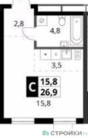 Планировка студии(квартира) площадью 26.9 квадратных метров в “ЖК 1-й Ясеневский (Первый Ясеневский)”