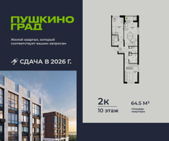 Планировка двухкомнатной(квартира) площадью 64.5 квадратных метров в “ЖК Пушкино Град”