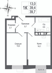 Планировка однокомнатной(квартира) площадью 39.4 квадратных метров в ЖК “ЖК КИНОКВАРТАЛ”