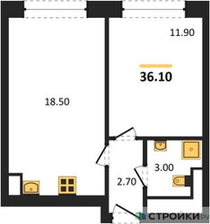 Планировка однокомнатной(квартира) площадью 36.1 квадратных метров в ЖК “ЖК Обручева 30”