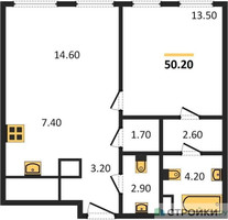 Планировка однокомнатной(квартира) площадью 50.2 квадратных метров в “ЖК Sydney City (Сидней Сити)”