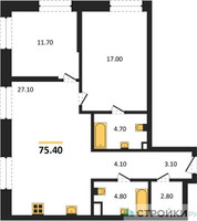 Планировка двухкомнатной(квартира) площадью 75.4 квадратных метров в “ЖК STONE Rise (Райз)”