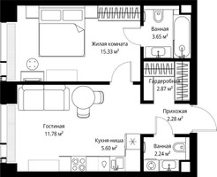 Планировка однокомнатной(квартира) площадью 43.75 квадратных метров в “ЖК Веер”