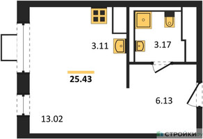 Планировка студии(квартира) площадью 25.43 квадратных метров в “ЖК Прибрежный Парк”