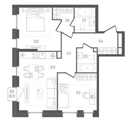 Планировка двухкомнатной(квартира) площадью 62.5 квадратных метров в ЖК “ЖК Pave (Пэйв)”