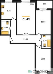 Планировка трехкомнатной(квартира) площадью 75.49 квадратных метров в ЖК “Ласточкино”