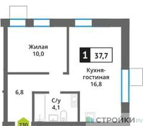 Планировка однокомнатной(квартира) площадью 37.7 квадратных метров в ЖК “ЖК Никольский квартал Отрада”