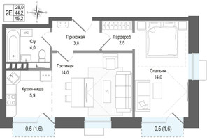 Планировка двухкомнатной(квартира) площадью 44.2 квадратных метров в “ЖК КИНОКВАРТАЛ”