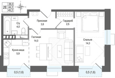 Планировка двухкомнатной(квартира) площадью 44.2 квадратных метров в ЖК “ЖК КИНОКВАРТАЛ”