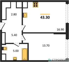 Планировка однокомнатной(квартира) площадью 43.3 квадратных метров в “ЖК Сиреневый парк”