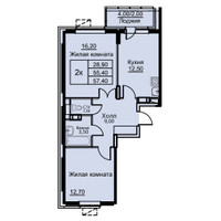 Планировка двухкомнатной(апартаменты) площадью 57.4 квадратных метров в “ЖК Кашинцево”