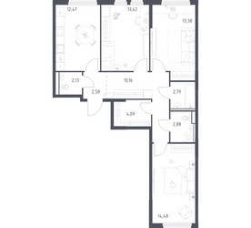 Планировка трехкомнатной(квартира) площадью 78.38 квадратных метров в ЖК “ЖК Пригород Лесное”