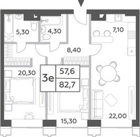 Планировка трехкомнатной(квартира) площадью 82.7 квадратных метров в “ЖК Will Towers (Вилл Тауэрс)”