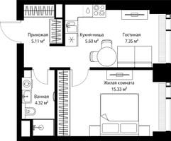 Планировка однокомнатной(квартира) площадью 37.71 квадратных метров в “ЖК Веер”