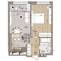 Планировка однокомнатной(квартира) площадью 47 квадратных метров в “ЖК Гранд Комфорт”