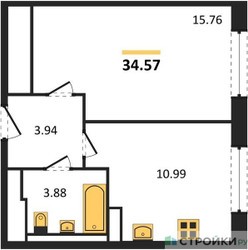Планировка однокомнатной(квартира) площадью 34.57 квадратных метров в ЖК “ЖК Алхимово”