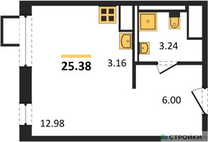 Планировка студии(квартира) площадью 25.38 квадратных метров в “ЖК Пригород Лесное”