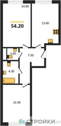Планировка двухкомнатной(квартира) площадью 54.2 квадратных метров в ЖК “ЖК Сиреневый парк”