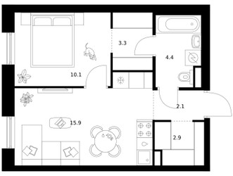 Планировка однокомнатной(квартира) площадью 38.7 квадратных метров в ЖК “ЖК Москворечье”