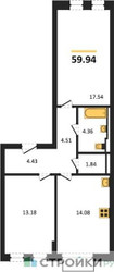 Планировка двухкомнатной(квартира) площадью 59.94 квадратных метров в ЖК “ЖК Квартал Западный”