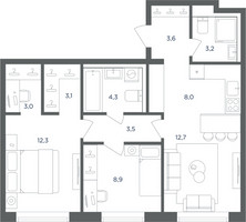 Планировка трехкомнатной(квартира) площадью 62.6 квадратных метров в “ЖК Равновесие”