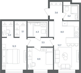 Планировка трехкомнатной(квартира) площадью 62.6 квадратных метров в ЖК “ЖК Равновесие”