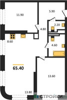 Планировка двухкомнатной(квартира) площадью 65.4 квадратных метров в “ЖК Sokolniki (Сокольники)”