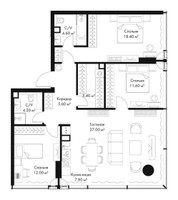 Планировка трехкомнатной(квартира) площадью 96.7 квадратных метров в “ЖК Слава”