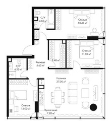 Планировка трехкомнатной(квартира) площадью 96.7 квадратных метров в ЖК “ЖК Слава”