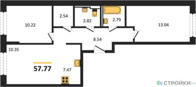 Планировка двухкомнатной(квартира) площадью 57.77 квадратных метров в ЖК “ЖК Молжаниново”