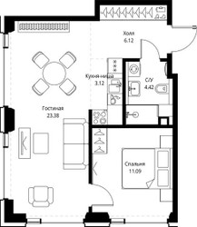 Планировка однокомнатной(квартира) площадью 48.13 квадратных метров в ЖК “ЖК СЕТ”