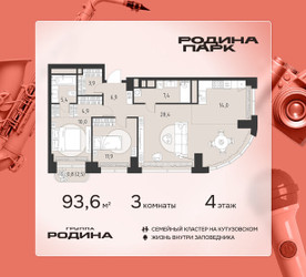 Планировка трехкомнатной(квартира) площадью 93.6 квадратных метров в ЖК “ЖК Родина Парк”
