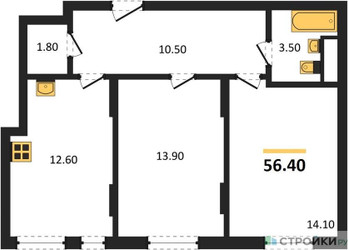 Планировка двухкомнатной(квартира) площадью 56.4 квадратных метров в ЖК “ЖК Переделкино Ближнее”