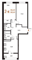 Планировка двухкомнатной(квартира) площадью 68.4 квадратных метров в “ЖК Новое Летово”