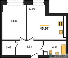 Планировка однокомнатной(квартира) площадью 45.67 квадратных метров в “ЖК Sezar City (Сезар Сити)”