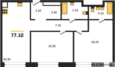 Планировка двухкомнатной(квартира) площадью 77.1 квадратных метров в ЖК “ЖК Mariinn Park (Мариин Парк)”