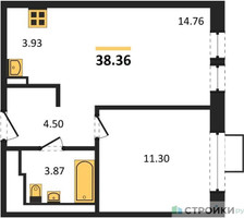 Планировка однокомнатной(квартира) площадью 38.36 квадратных метров в “ЖК Квартал Авиаторов”
