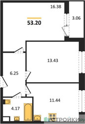 Планировка двухкомнатной(квартира) площадью 53.2 квадратных метров в ЖК “Жилые кварталы Новое Пушкино”