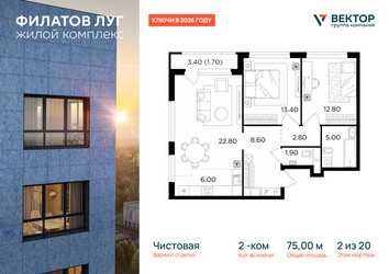 Планировка двухкомнатной(квартира) площадью 75 квадратных метров в ЖК “Квартал Филатов луг”