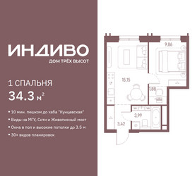 Планировка однокомнатной(квартира) площадью 34.3 квадратных метров в ЖК “ЖК Индиво”