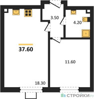 Планировка однокомнатной(квартира) площадью 37.6 квадратных метров в “ЖК Лучи-2”