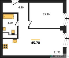 Планировка однокомнатной(квартира) площадью 45.7 квадратных метров в “ЖК Айс Тауэрс”