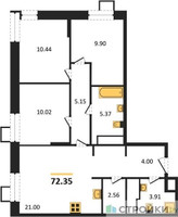 Планировка трехкомнатной(квартира) площадью 72.35 квадратных метров в “ЖК Апарт-отель Тропарево парк”