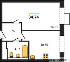 Планировка однокомнатной(квартира) площадью 34.74 квадратных метров в “ЖК Молжаниново”
