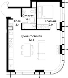 Планировка однокомнатной(квартира) площадью 50.2 квадратных метров в ЖК “ЖК Сити Бэй”