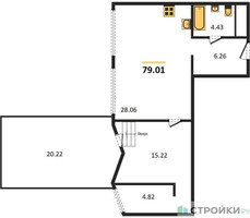 Планировка однокомнатной(апартаменты) площадью 79.01 квадратных метров в “Дом на набережной Инсайдер”