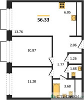 Планировка двухкомнатной(квартира) площадью 56.33 квадратных метров в “ЖК Новоград Павлино”